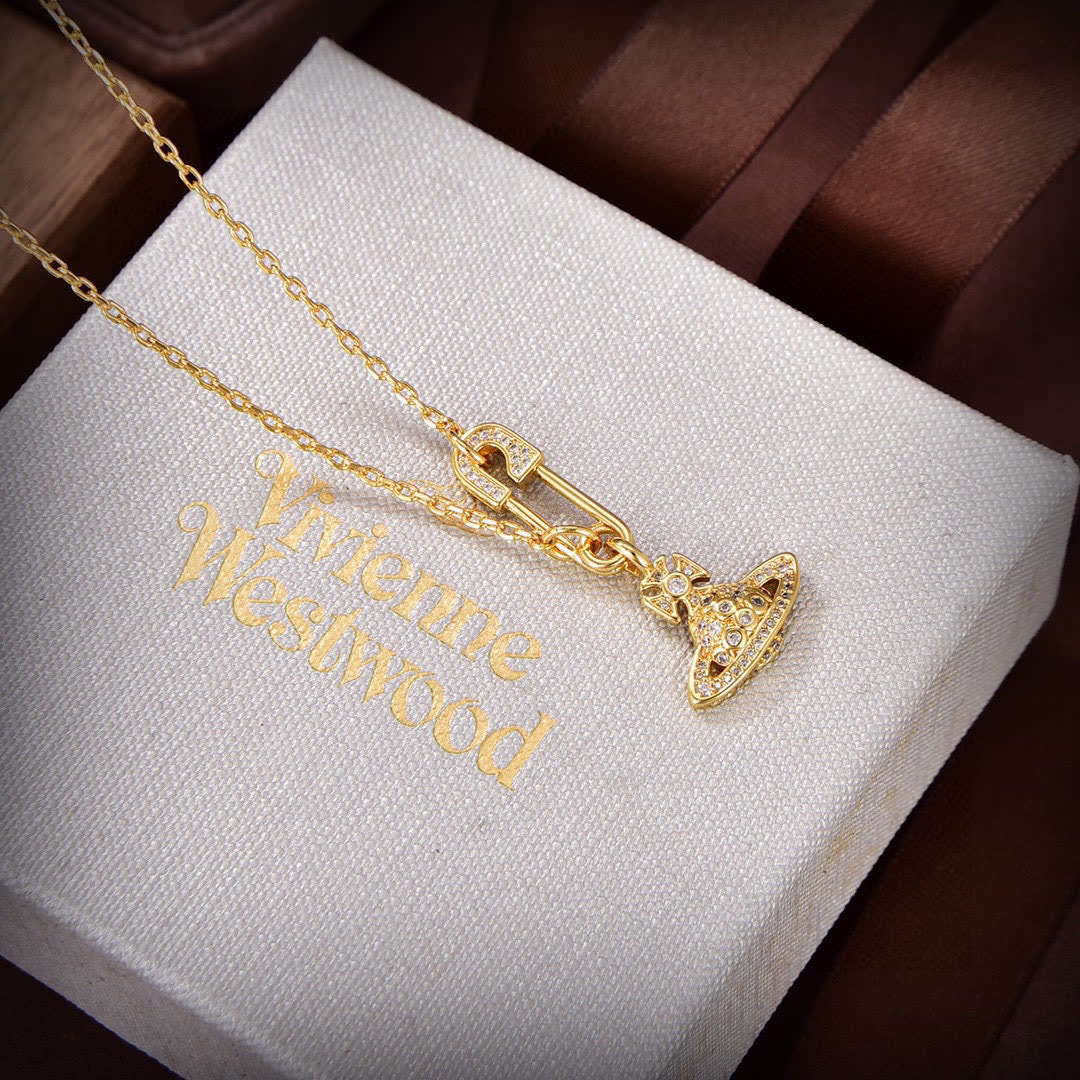 Vivienne Westwood Gold Tone Safety Pin & Hat Pendant Necklace